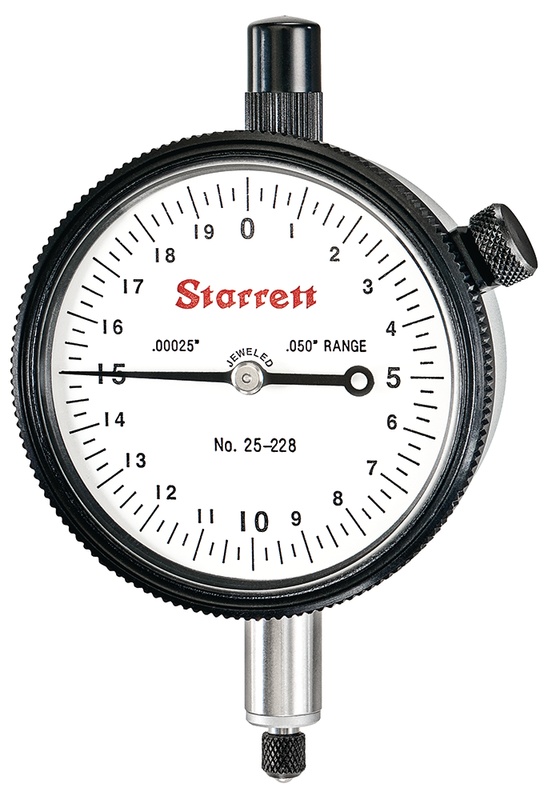Picture of Starrett 25-228J Dial Indicator, 0-.050" Range, 0-20 Continuous Dial, .00025" Grads, .020" Range Per Rev, .375" Stem