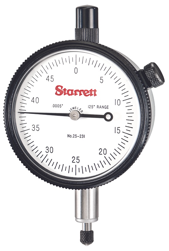 Picture of Starrett 25-231J Dial Indicator, 0-.125" Range, 0-50 Continuous Dial, .0005" Grads, .050" Range Per Rev, .375" Stem