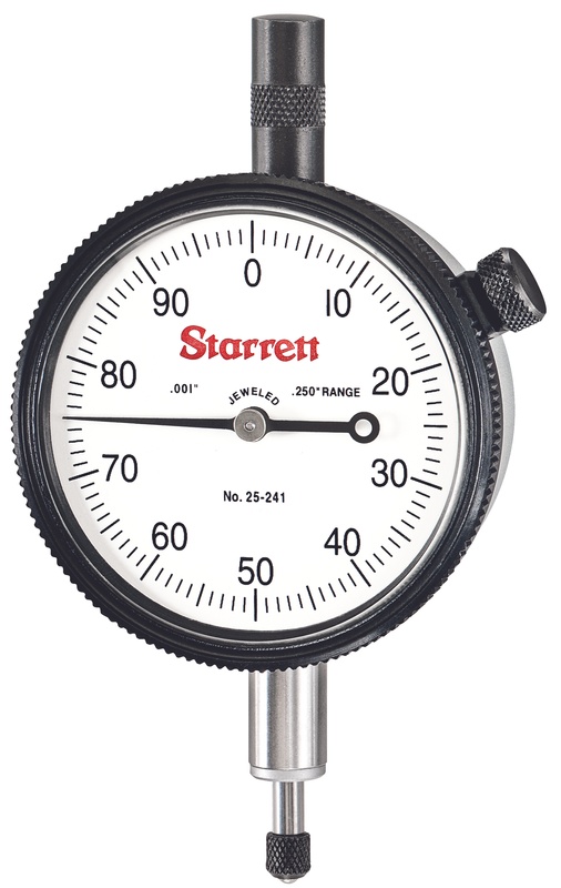 Picture of Starrett 25-241J Dial Indicator, 0-.250" Range, 0-100 Continuous Dial Continuous Dial, .001" Grads, .100" Range Per Rev, .375" Stem