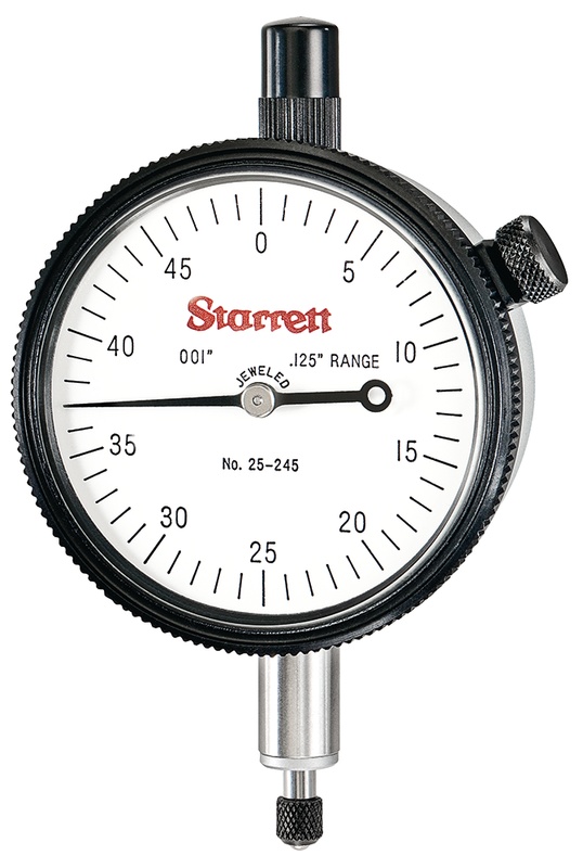 Picture of Starrett 25-245J Dial Indicator, 0-.125" Range, 0-50 Continuous Dial, .001" Grads, .050" Range Per Rev, .375" Stem