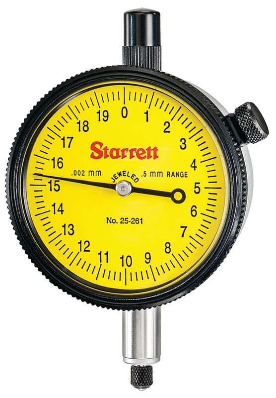 Picture of Starrett 25-261J Dial Indicator, 0-0.5mm Range, 0-20 Continuous Dial, 0.002mm Grads, 0.2mm Range Per Rev, .375" Stem