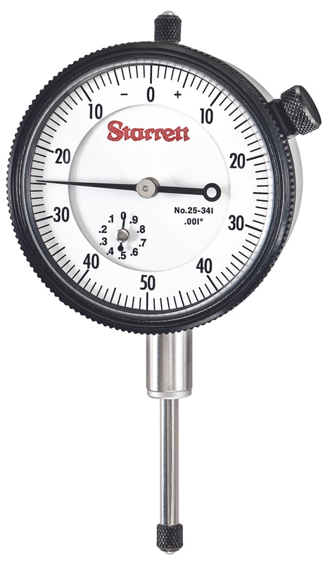 Picture of Starrett 25-341P Dial Indicator, 0-1.000" Range, 0-50-0 Balanced Dial, .001" Grads, .100" Range Per Rev, .375" Stem