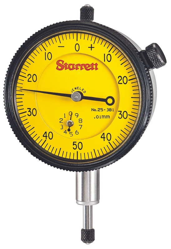 Picture of Starrett 25-381J Dial Indicator, 0-10.0mm Range, 0-50-0 Balanced Dial, 0.01mm Grads, 1.0mm Range Per Rev, .375" Stem