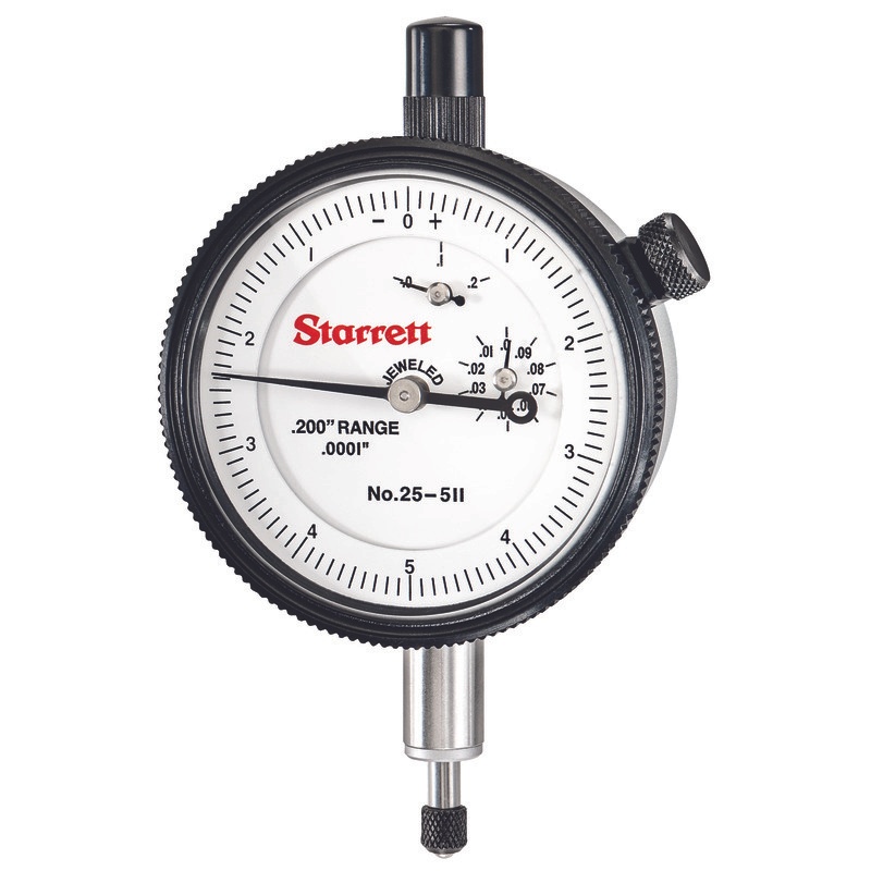Picture of Starrett 25-511J Dial Indicator, 0-.200" Range, 0-5-0 Balanced Dial, .0001" Grads, .010" Range Per Rev, .375" Stem