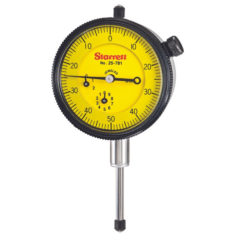 Picture of Starrett 25-781J Dial Indicator, 0-25.0mm Range, 0-50 Continuous Dial, 0.01mm Grads, 1.0mm Range Per Rev, .375" Stem