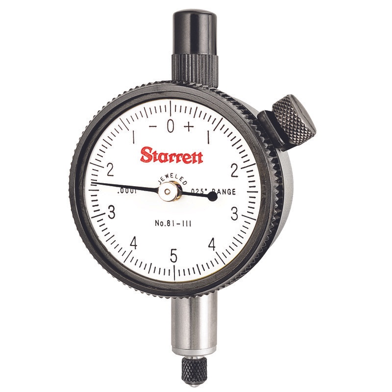 Picture of Starrett 81-111J Dial Indicator, 0-.025" Range, 0-5-0 Balanced Dial, .0001" Grads, .010" Range Per Rev, .375" Stem