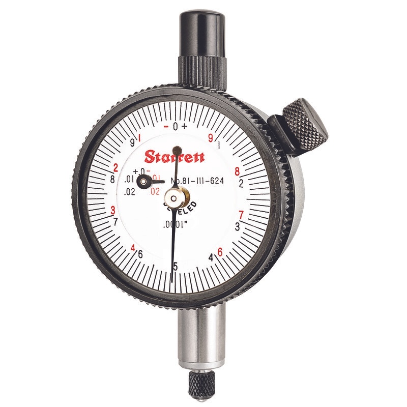 Picture of Starrett 81-111-624J Dial Indicator, 0-.025" Range, Double Row Figures +0-10/-0-10, .0001" Grads, .010" Range Per Rev, .375" Stem