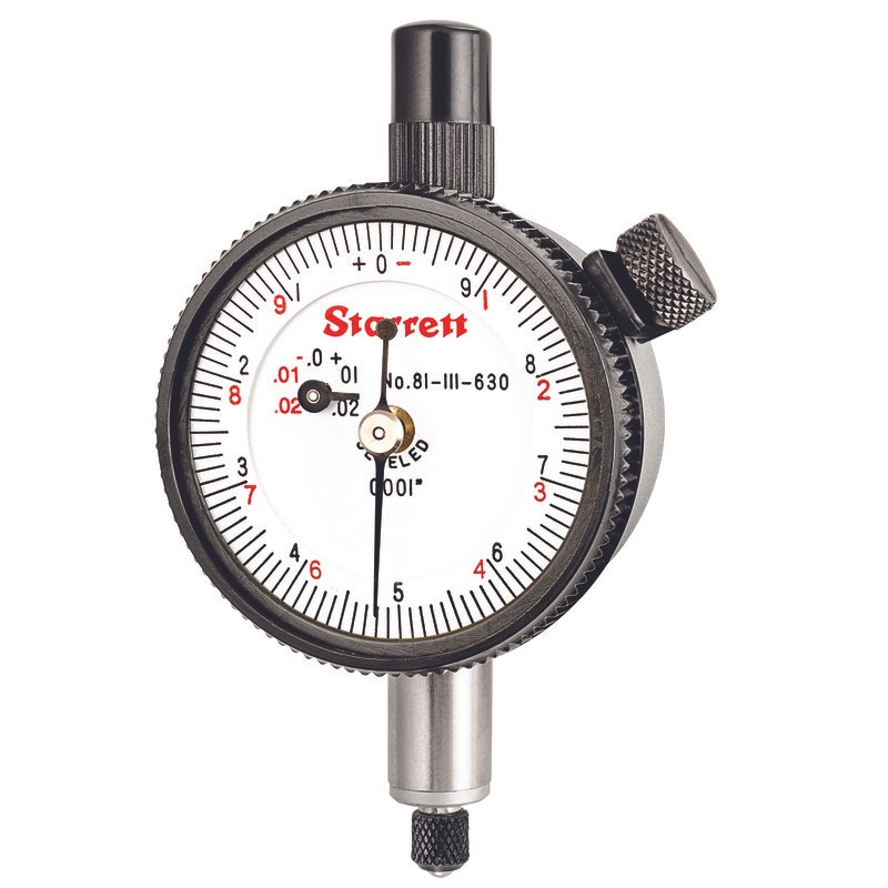 Picture of Starrett 81-111-630J Dial Indicator, 0-.025" Range, Double Row Figures +0-10/-0-10, .0001" Grads, .010" Range Per Rev, .375" Stem