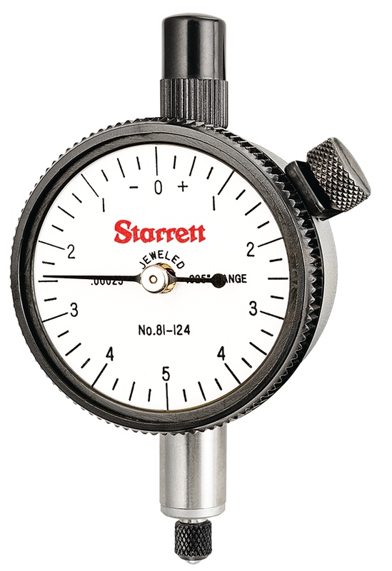 Picture of Starrett 81-124J Dial Indicator, 0-.025" Range, 0-5-0 Balanced Dial, .00025" Grads, .010" Range Per Rev, .375" Stem