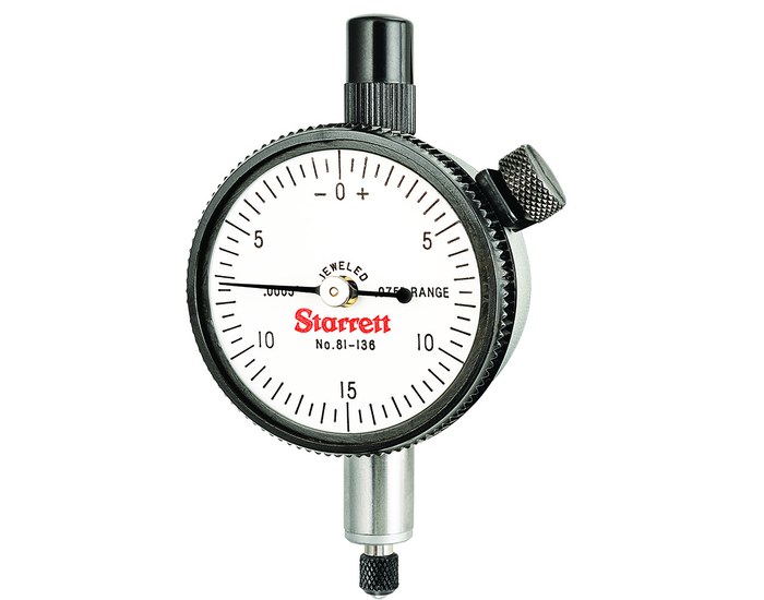 Picture of Starrett 81-136J Dial Indicator, 0-.075" Range, 0-15-0 Balanced Dial, .0005" Grads, .030" Range Per Rev, .375" Stem