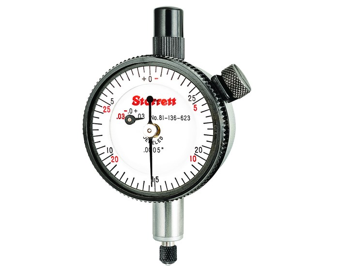 Picture of Starrett 81-136-623J Dial Indicator, 0-.075" Range, Double Row Figures +0-30/-0-30, .0005" Grads, .030" Range Per Rev, .375" Stem