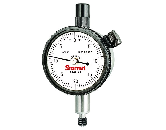 Picture of Starrett 81-138J Dial Indicator, 0-.100" Range, 0-20-0 Balanced Dial, .0005" Grads, .040" Range Per Rev, .375" Stem