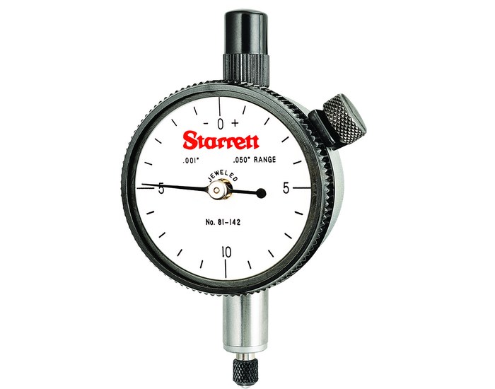 Picture of Starrett 81-142J Dial Indicator, 0-.050" Range, 0-10-0 Balanced Dial, .001" Grads, .020" Range Per Rev, .375" Stem