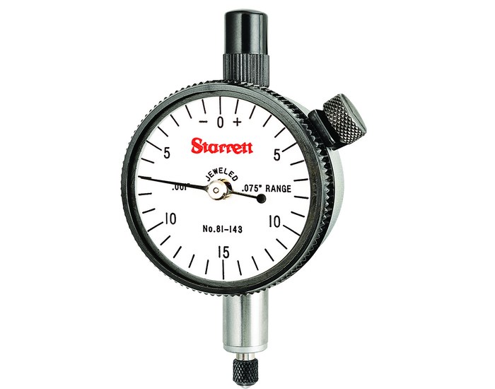 Picture of Starrett 81-143J Dial Indicator, 0-.075" Range, 0-15-0 Balanced Dial, .001" Grads, .030" Range Per Rev, .375" Stem
