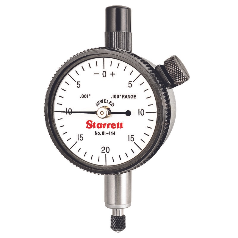 Picture of Starrett 81-144J Dial Indicator, 0-.100" Range, 0-20-0 Balanced Dial, .001" Grads, .040" Range Per Rev, .375" Stem