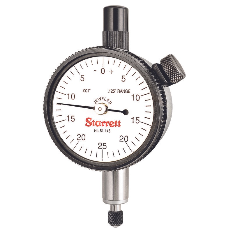 Picture of Starrett 81-145J Dial Indicator, 0-.125" Range, 0-25-0 Balanced Dial, .001" Grads, .050" Range Per Rev, .375" Stem