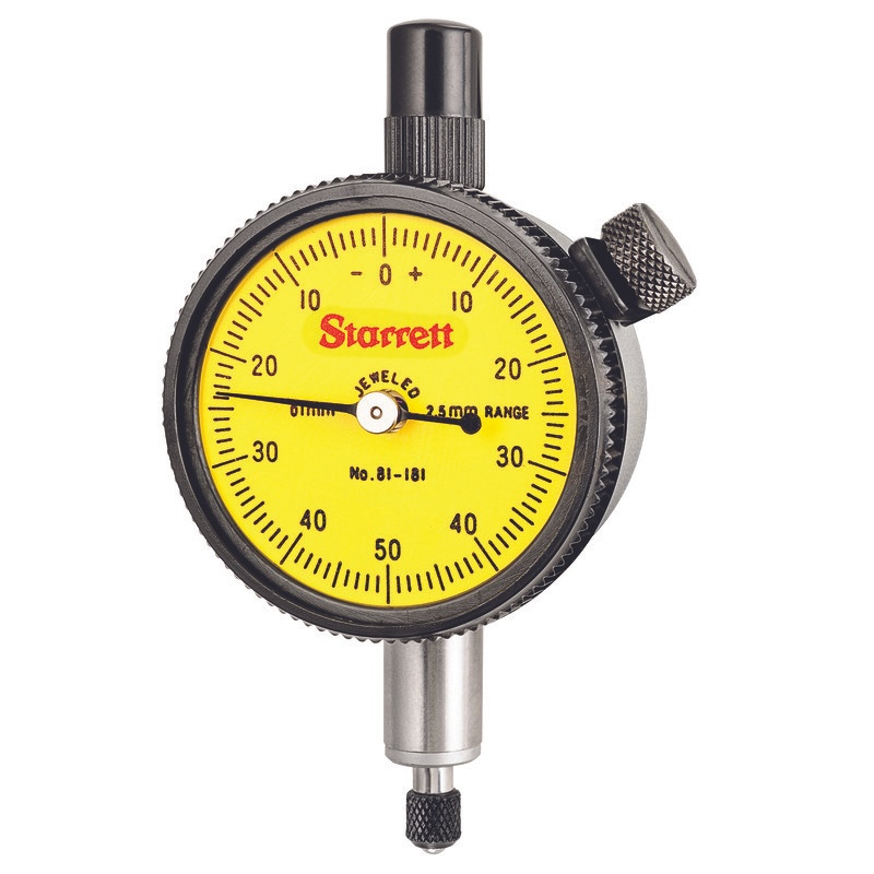 Picture of Starrett 81-181J Dial Indicator, 0-0.5mm Range, 0-50-0 Balanced Dial, 0.01mm Grads, 1.0mm Range Per Rev, 8mm Stem