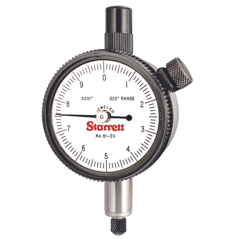 Picture of Starrett 81-211J Dial Indicator, 0-.025" Range, 0-10 Continuous Dial, .0001" Grads, .010" Range Per Rev, .375" Stem