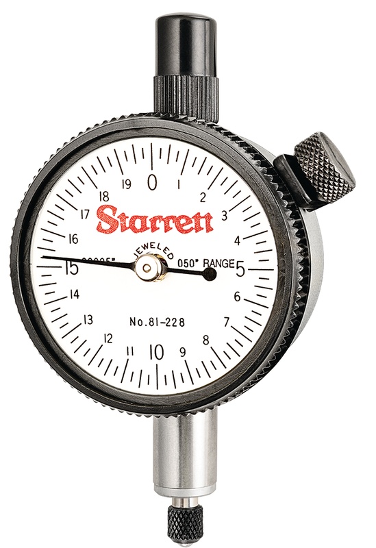 Picture of Starrett 81-228J Dial Indicator, 0-.050" Range, 0-20 Continuous Dial, .00025" Grads, .020" Range Per Rev, .375" Stem