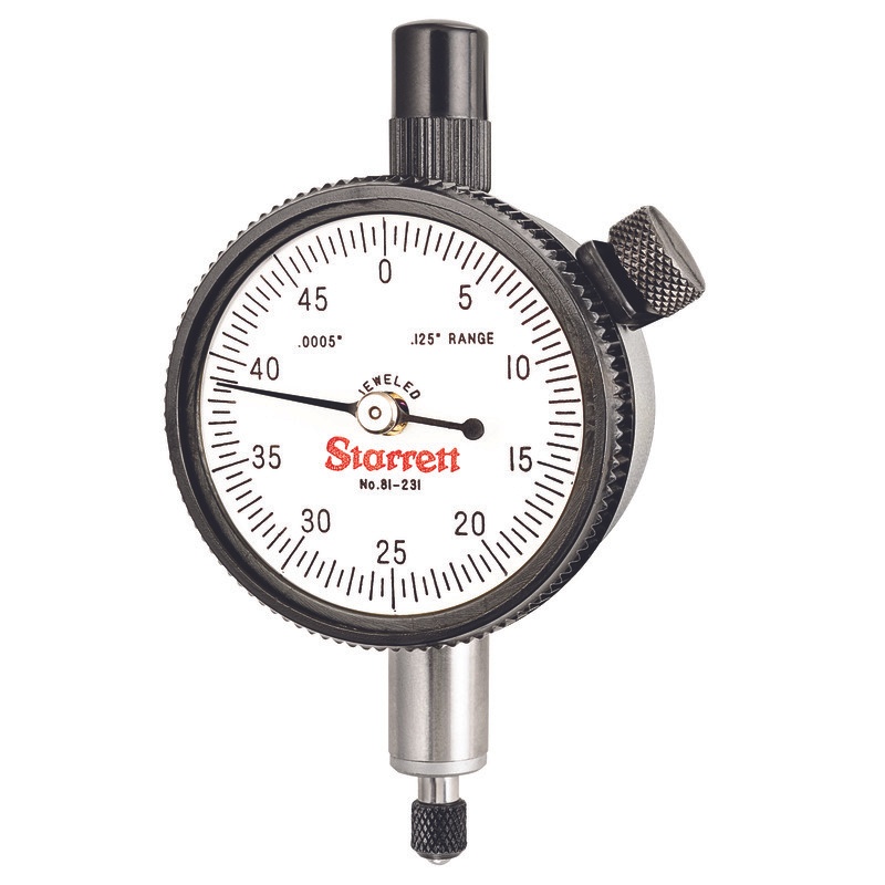 Picture of Starrett 81-231J Dial Indicator, 0-.125" Range, 0-50 Continuous Dial, .0005" Grads, .050" Range Per Rev, .375" Stem
