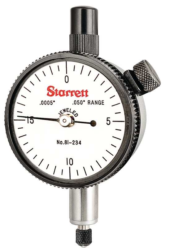 Picture of Starrett 81-234J Dial Indicator, 0-.050" Range, 0-20 Continuous Dial, .0005" Grads, .020" Range Per Rev, .375" Stem