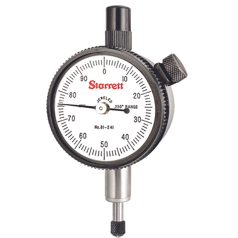 Picture of Starrett 81-241J Dial Indicator, 0-.250" Range, 0-100 Continuous Dial, .001" Grads, .100" Range Per Rev, .375" Stem