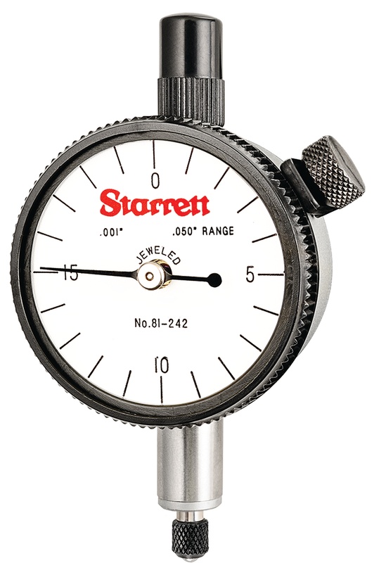 Picture of Starrett 81-242J Dial Indicator, 0-.050" Range, 0-20 Continuous Dial, .001" Grads, .020" Range Per Rev, .375" Stem