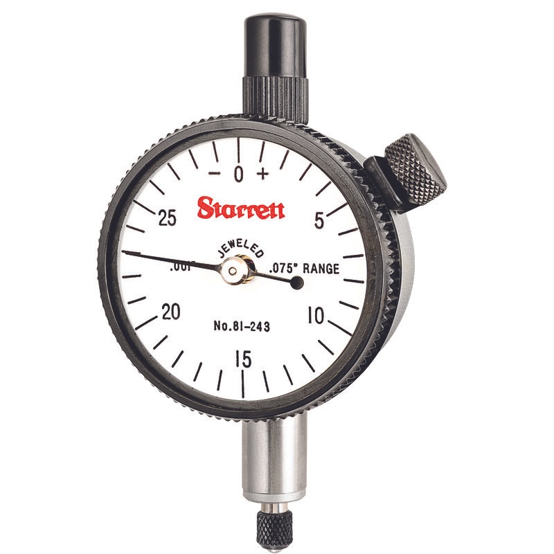 Picture of Starrett 81-243J Dial Indicator, 0-.075" Range, 0-30 Continuous Dial, .001" Grads, .030" Range Per Rev, .375" Stem