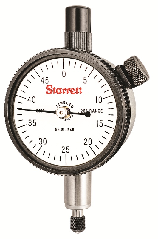 Picture of Starrett 81-245J Dial Indicator, 0-.125" Range, 0-50 Continuous Dial, .001" Grads, .050" Range Per Rev, .375" Stem