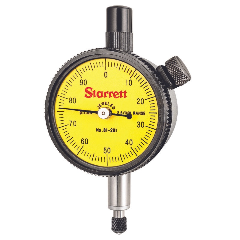 Picture of Starrett 81-281J Dial Indicator, 0-2.5mm Range, 0-100 Continuous Dial, 0.01mm Grads, 1.0mm Range Per Rev, .375" Stem