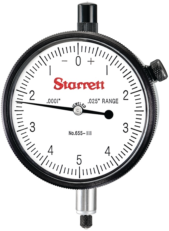 Picture of Starrett 655-111J Dial Indicator, 0-.025" Range, 0-5-0 Balanced Dial, .0001" Grads, .010" Range Per Rev, .375" Stem