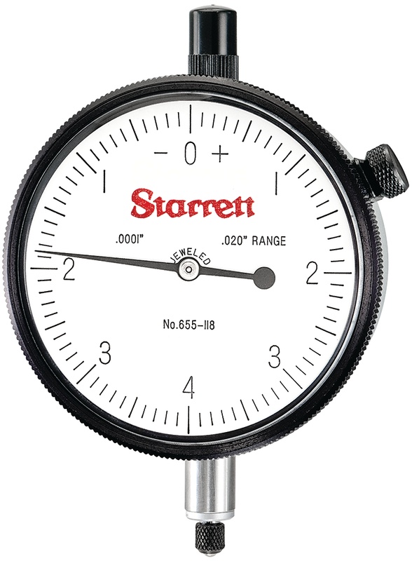 Picture of Starrett 655-118J Dial Indicator, 0-.020" Range, 0-4-0 Balanced Dial, .0001" Grads, .008" Range Per Rev, .375" Stem