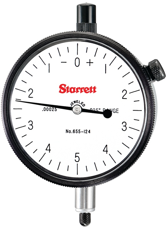 Picture of Starrett 655-124J Dial Indicator, 0-.025" Range, 0-5-0 Balanced Dial, .00025" Grads, .010" Range Per Rev, .375" Stem