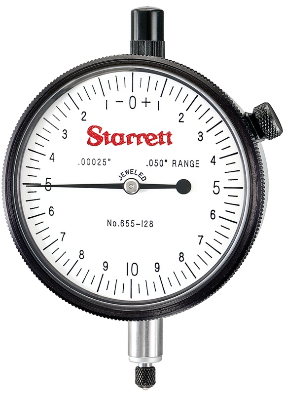 Picture of Starrett 655-128J Dial Indicator, 0-.050" Range, 0-10-0 Balanced Dial, .00025" Grads, .020" Range Per Rev, .375" Stem