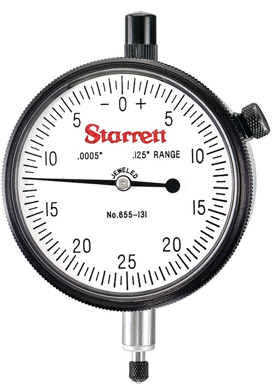 Picture of Starrett 655-131J Dial Indicator, 0-.125" Range, 0-25-0 Balanced Dial, .0005" Grads, .050" Range Per Rev, .375" Stem