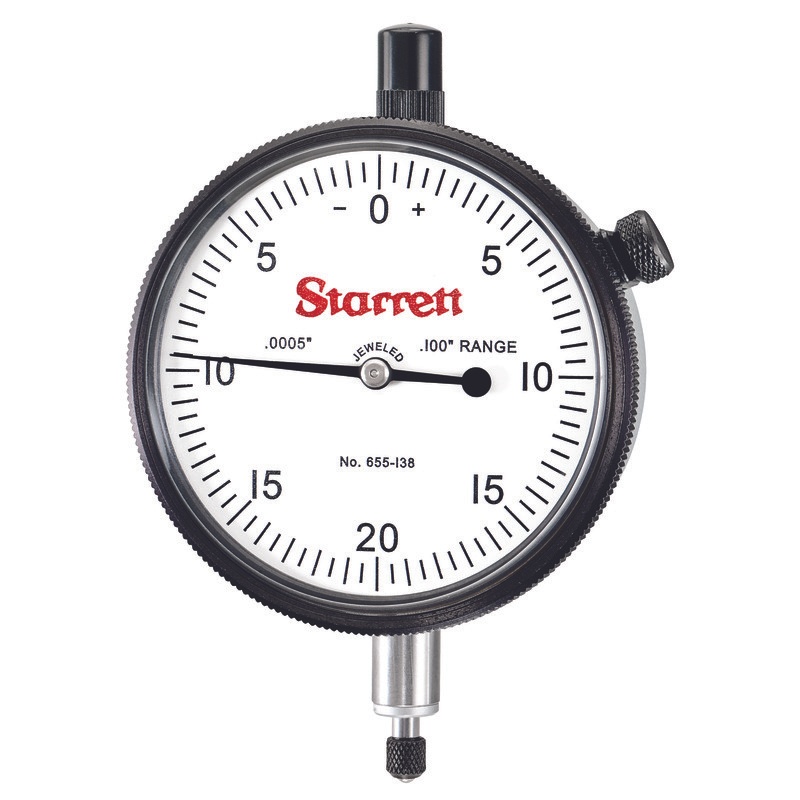 Picture of Starrett 655-134J Dial Indicator, 0-.050" Range, 0-10-0 Balanced Dial, .0005" Grads, 020" Range Per Rev, .375" Stem
