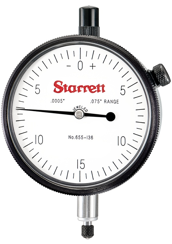 Picture of Starrett 655-136J Dial Indicator, 0-.075" Range, 0-15-0 Balanced Dial, .0005" Grads, .030" Range Per Rev, .375" Stem