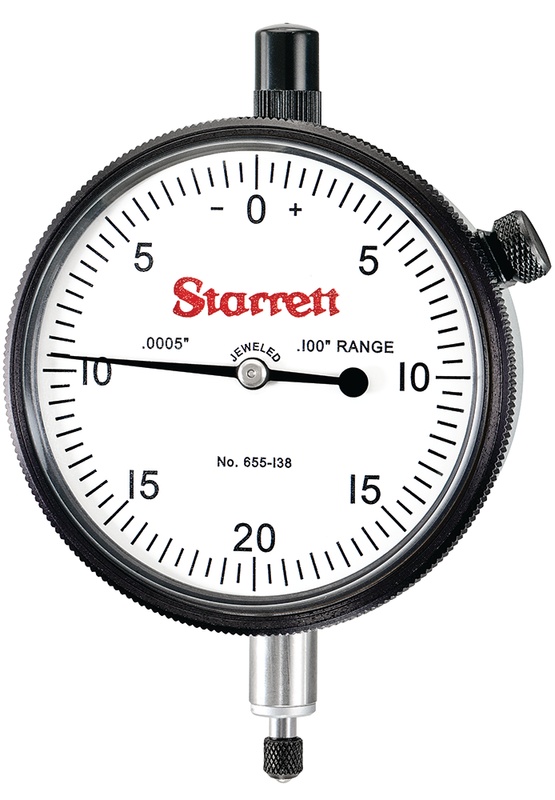 Picture of Starrett 655-138J Dial Indicator, 0-.100" Range, 0-20-0 Balanced Dial, .0005" Grads, .040" Range Per Rev, .375" Stem