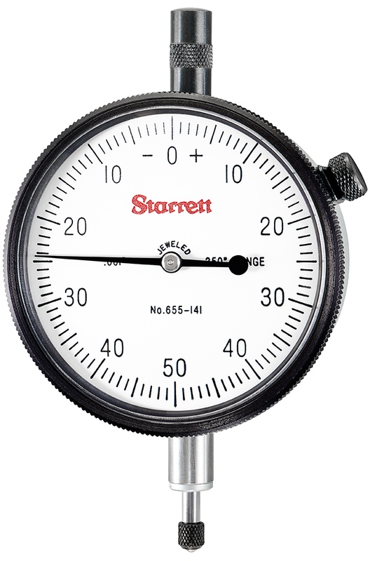 Picture of Starrett 655-141J Dial Indicator, 0-.250" Range, 0-50-0 Balanced Dial, .001" Grads, .100" Range Per Rev, .375" Stem
