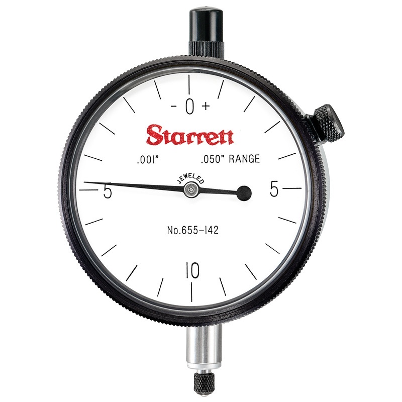 Picture of Starrett 655-142J Dial Indicator, 0-.050" Range, 0-10-0 Balanced Dial, .001" Grads, .020" Range Per Rev, .375" Stem