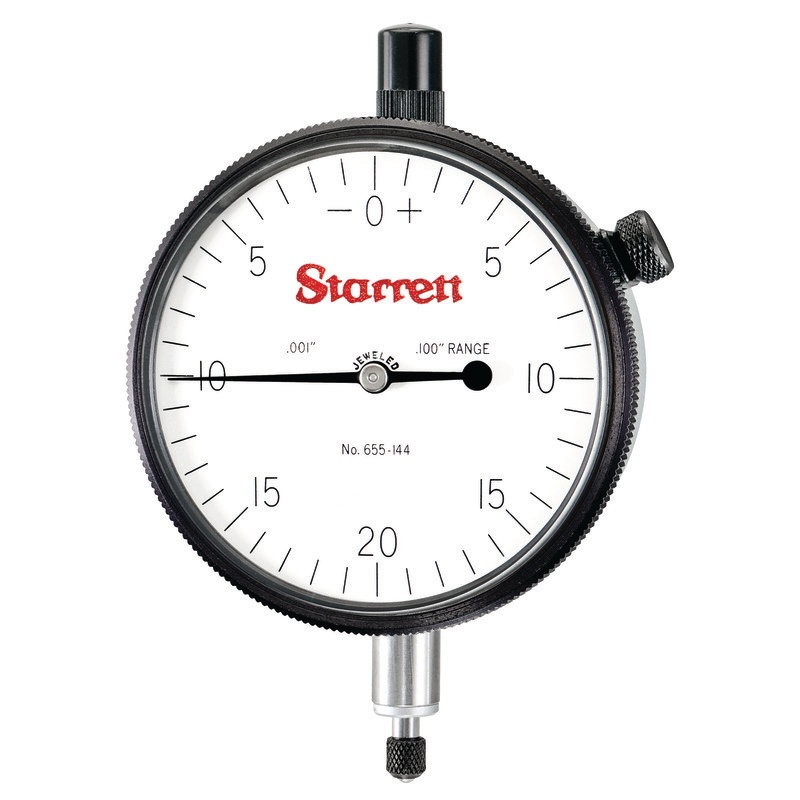 Picture of Starrett 655-144J Dial Indicator, 0-.100" Range, 0-20-0 Balanced Dial, .001" Grads, .040" Range Per Rev, .375" Stem