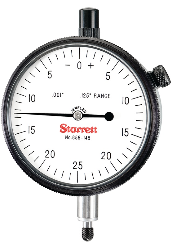 Picture of Starrett 655-145J Dial Indicator, 0-.125" Range, 0-25-0 Balanced Dial, .001" Grads, .050" Range Per Rev, .375" Stem