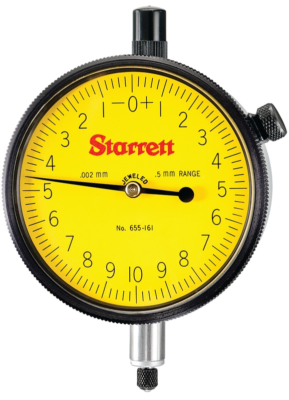 Picture of Starrett 655-161J Dial Indicator, 0-0.5mm Range, 0-10-0 Balanced Dial, 0.002mm Grads, 0.2 mm Range Per Rev, .375" Stem