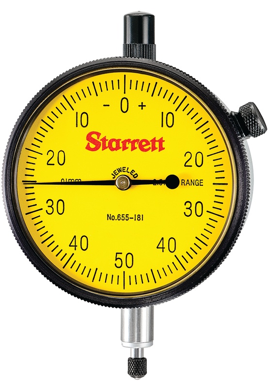 Picture of Starrett 655-181J Dial Indicator, 0-2.5mm Range, 0-50-0 Balanced Dial, 0.01mm Grads, 1.0 mm Range Per Rev, .375" Stem
