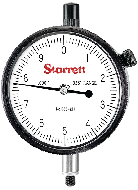 Picture of Starrett 655-211J Dial Indicator, 0-.025" Range, 0-10, .0001" Grads, .010" Range Per Rev, .375" Stem Diameter