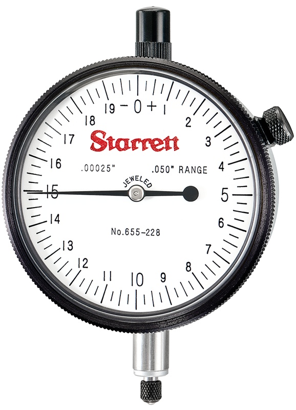 Picture of Starrett 655-228J Dial Indicator, 0-.050" Range, 0-20, .00025" Grads, .020" Range Per Rev, .375" Stem Diameter