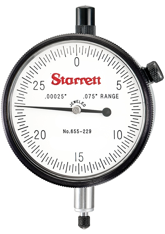 Picture of Starrett 655-229J Dial Indicator, 0-.075" Range, 0-30, .00025" Grads, .030" Range Per Rev, .375" Stem Diameter