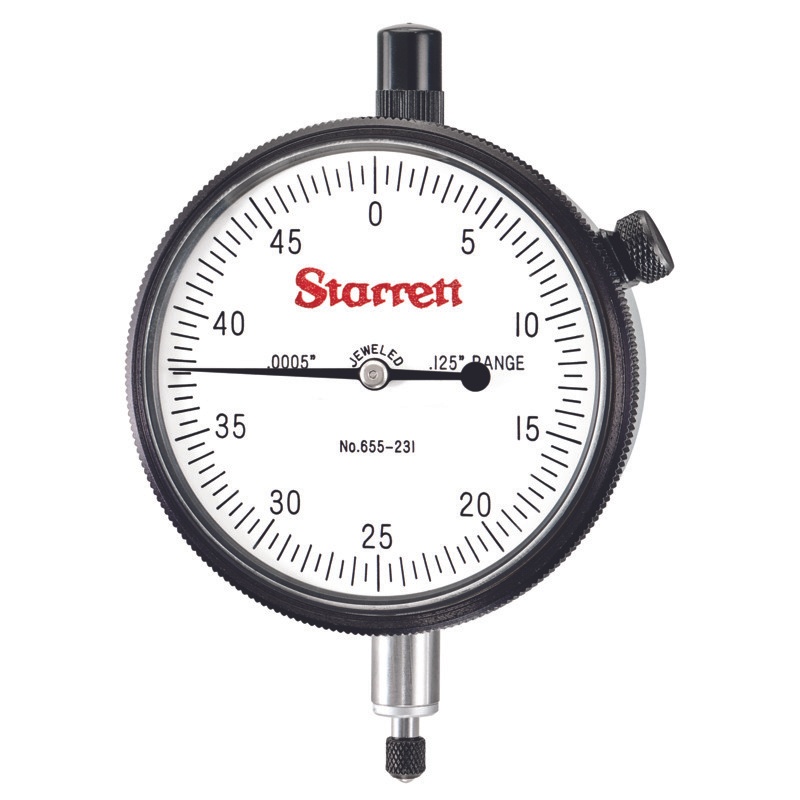 Picture of Starrett 655-231J Dial Indicator, 0-.125" Range, 0-50 Continuous Dial, .0005" Grads, .050" Range Per Rev, .375" Stem