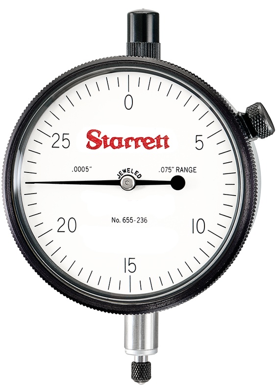 Picture of Starrett 655-236J Dial Indicator, 0-.075" Range, 0-30, .0005" Grads, .030" Range Per Rev, .375" Stem Diameter