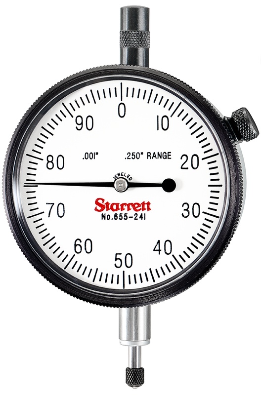 Picture of Starrett 655-241J Dial Indicator, 0-.250" Range, 0-100, .001" Grads, .100" Range Per Rev, .375" Stem Diameter